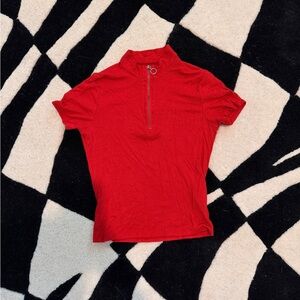 Hollister- Red Ribbed Short Sleeve Zip-Neck Top